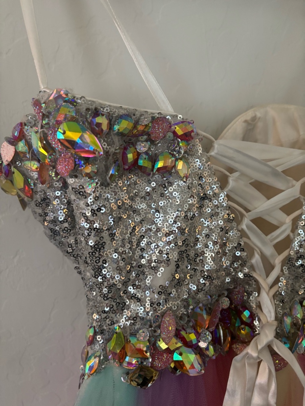 Mac Duggal Size 0 Pastel Rainbow Tulle Prom Gown Crystal Bodice - Picture 9 of 11